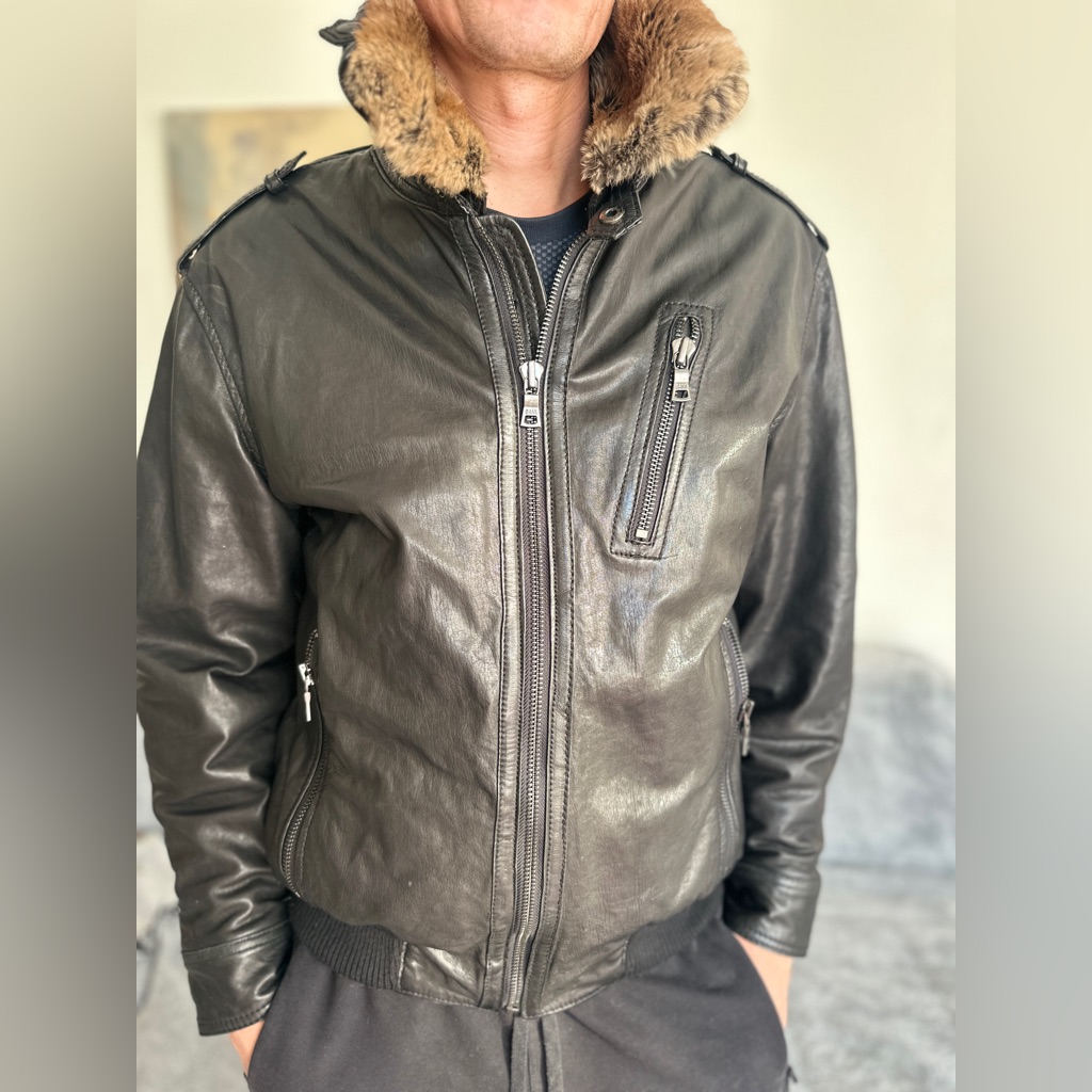 Men's Black Leather Jacket With Fur Collar Medium Black
